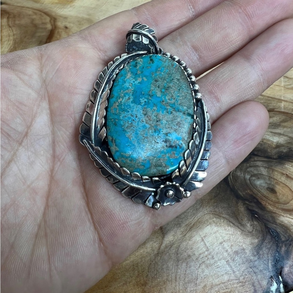 Boho South Western Fern Leaf Sterling Silver & Turquoise Large Pendant 🌿 - Picture 10 of 13